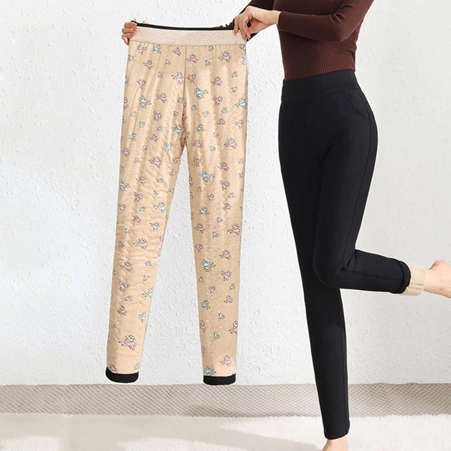 Plus Size Thermal Leggings Women High Waisted Tummy Control Tights Knee Pads Thick Warm Stretchy Fleece Lined Pants