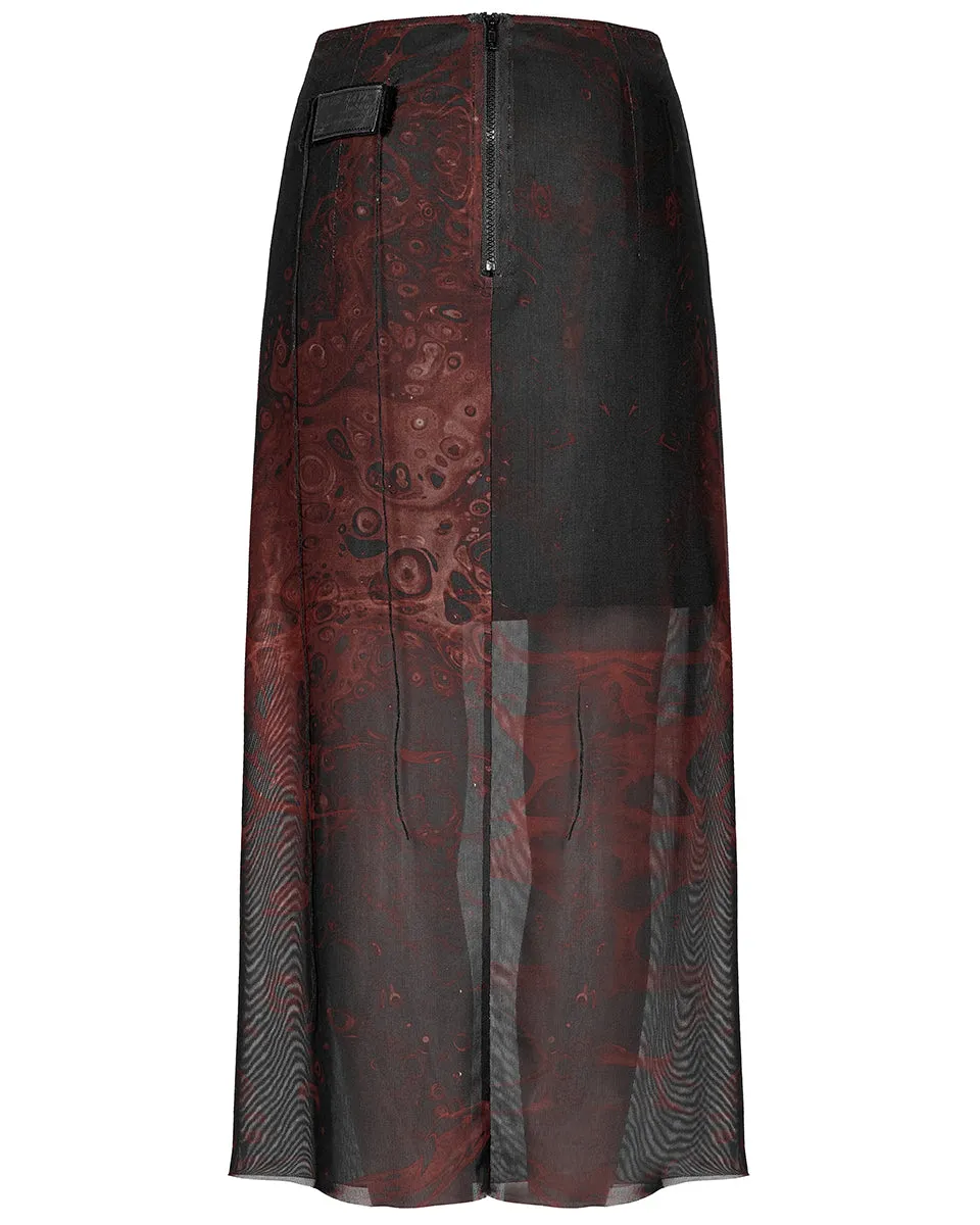 Punk Rave Daily Life Womens Cyberpunk Layered Gauze Midi Skirt - Black & Red