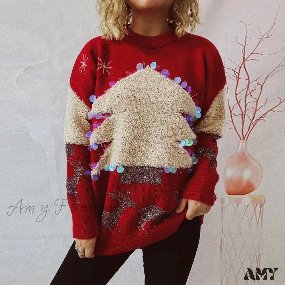 Sequins Christmas Tree Deer Jacquard Crew Neck Sweater