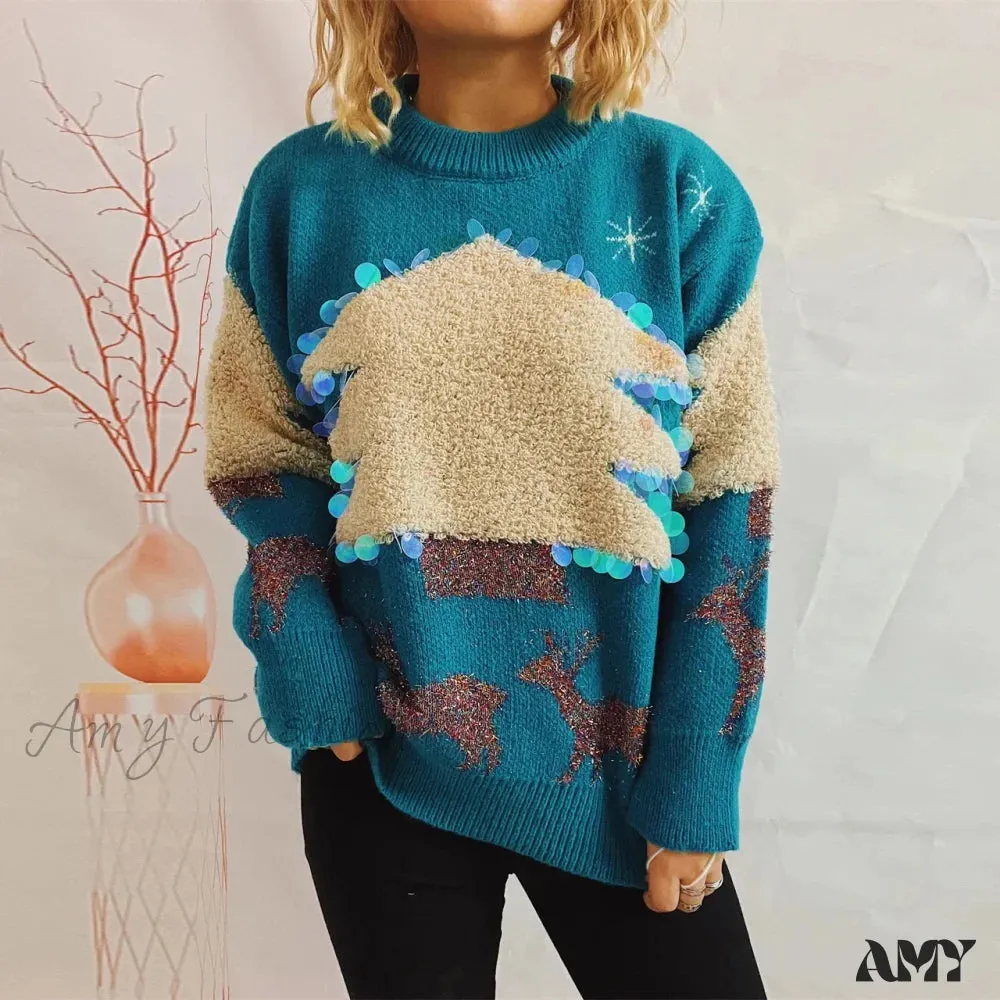 Sequins Christmas Tree Deer Jacquard Crew Neck Sweater