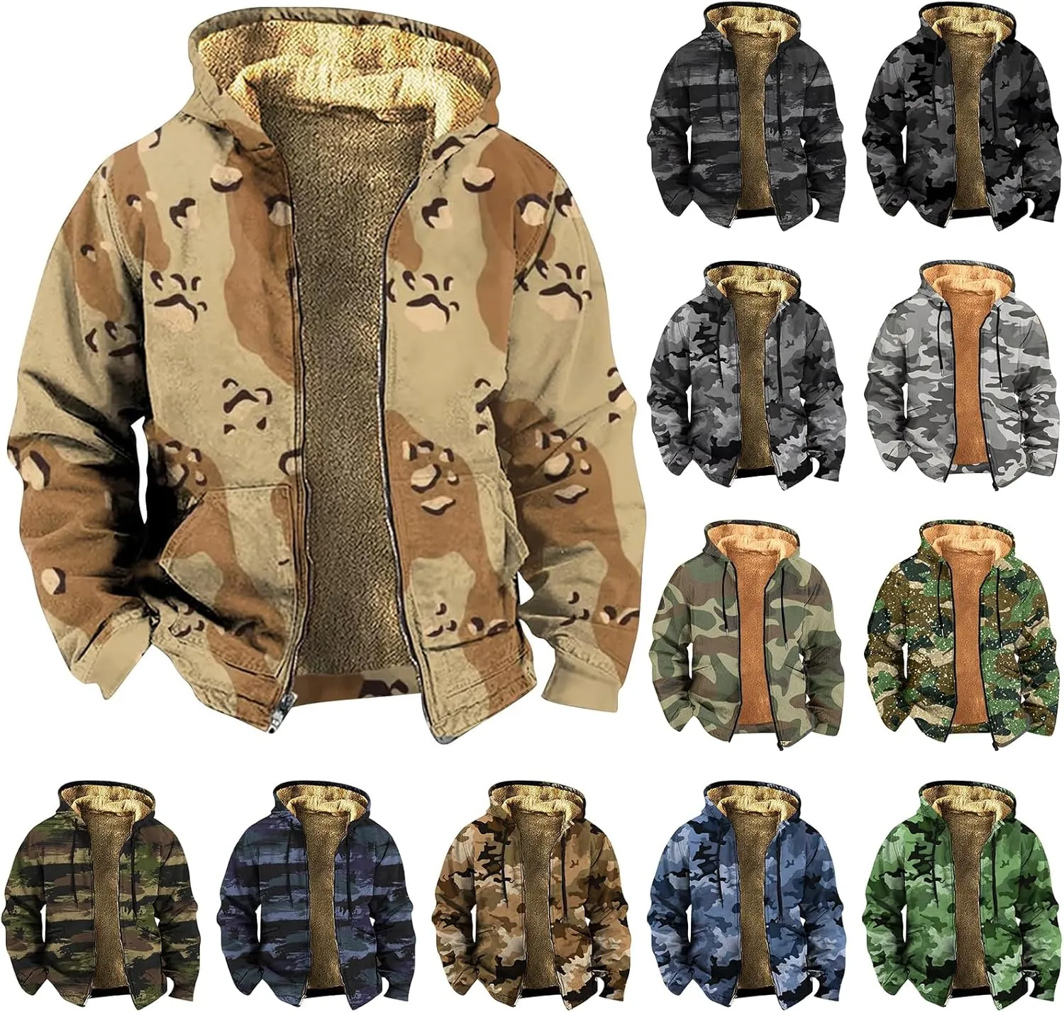 Sherpa Lined Jacket Men Hooded Camo Shirt Fleece Thick Hoodie Zip Warm Jacket Outdoor Coat Winter Outerwear Hunting