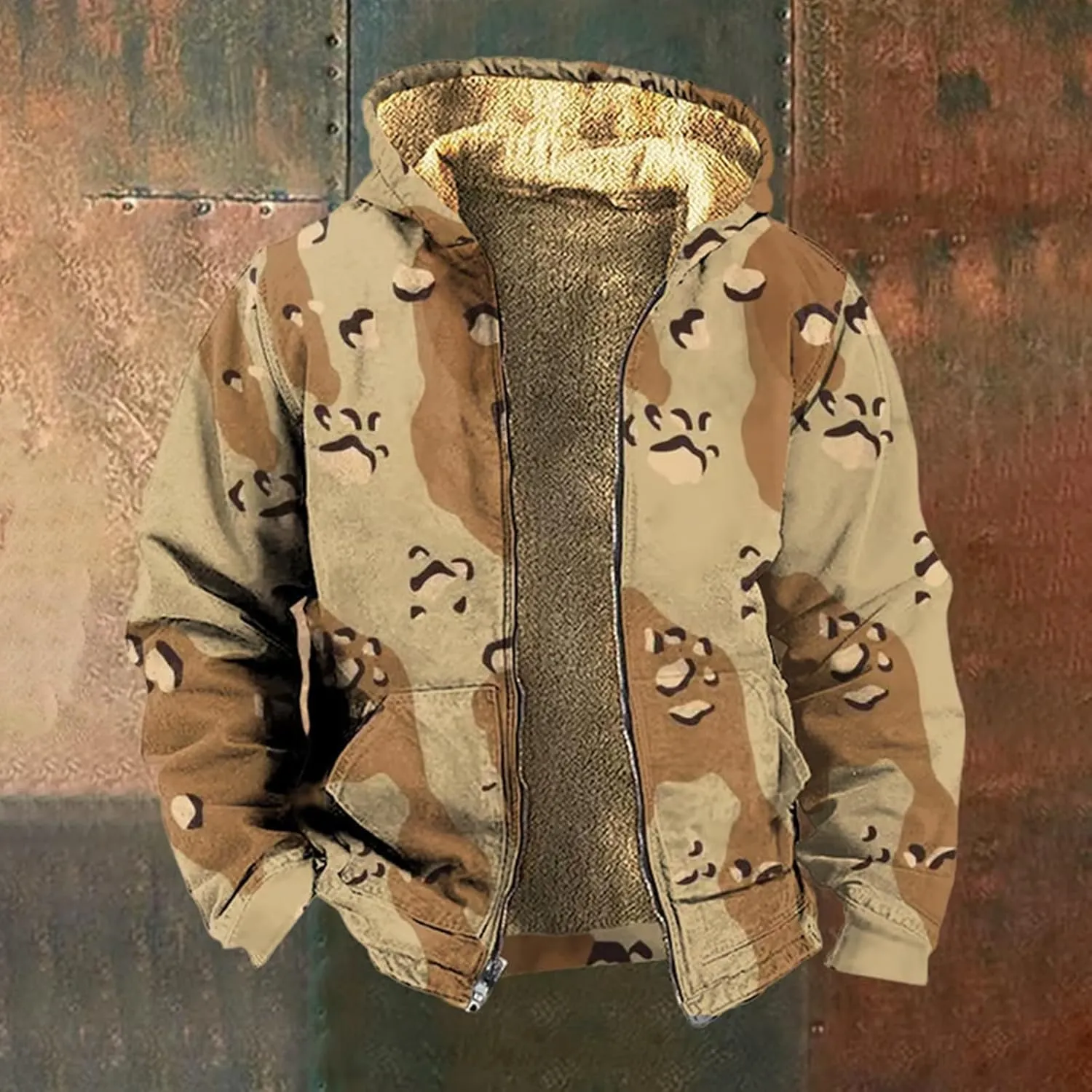 Sherpa Lined Jacket Men Hooded Camo Shirt Fleece Thick Hoodie Zip Warm Jacket Outdoor Coat Winter Outerwear Hunting