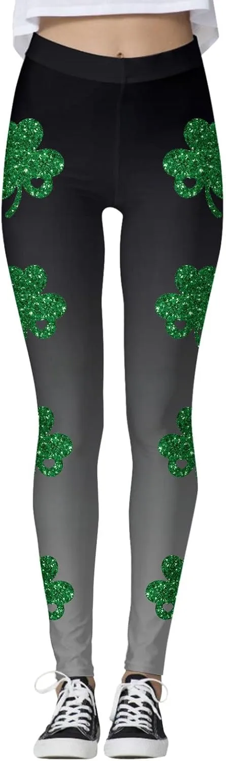 St Patricks Day Leggings for Women High Waist Green Clover Leaves Leggings Lucky Irish Shamrock Tights Soft Yoga Pants