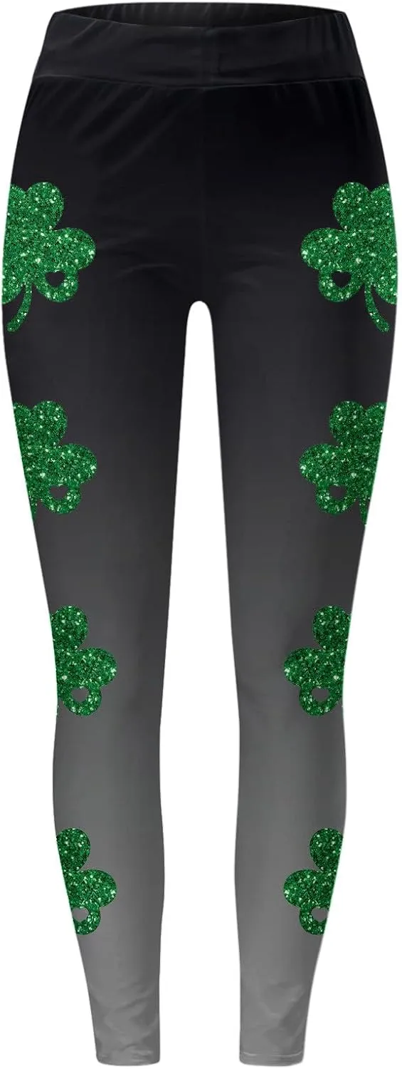 St Patricks Day Leggings for Women High Waist Green Clover Leaves Leggings Lucky Irish Shamrock Tights Soft Yoga Pants