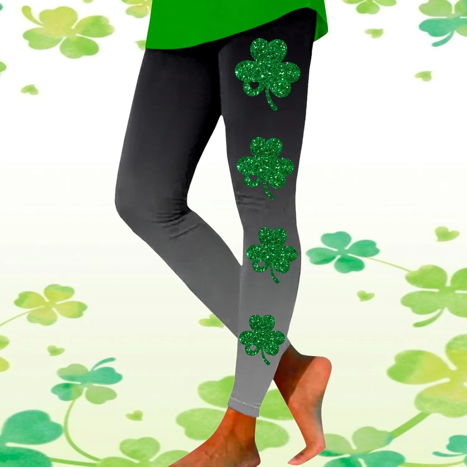 St Patricks Day Leggings for Women High Waist Green Clover Leaves Leggings Lucky Irish Shamrock Tights Soft Yoga Pants