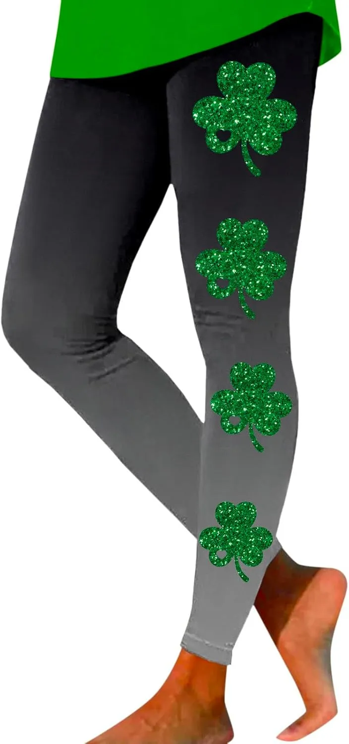 St Patricks Day Leggings for Women High Waist Green Clover Leaves Leggings Lucky Irish Shamrock Tights Soft Yoga Pants