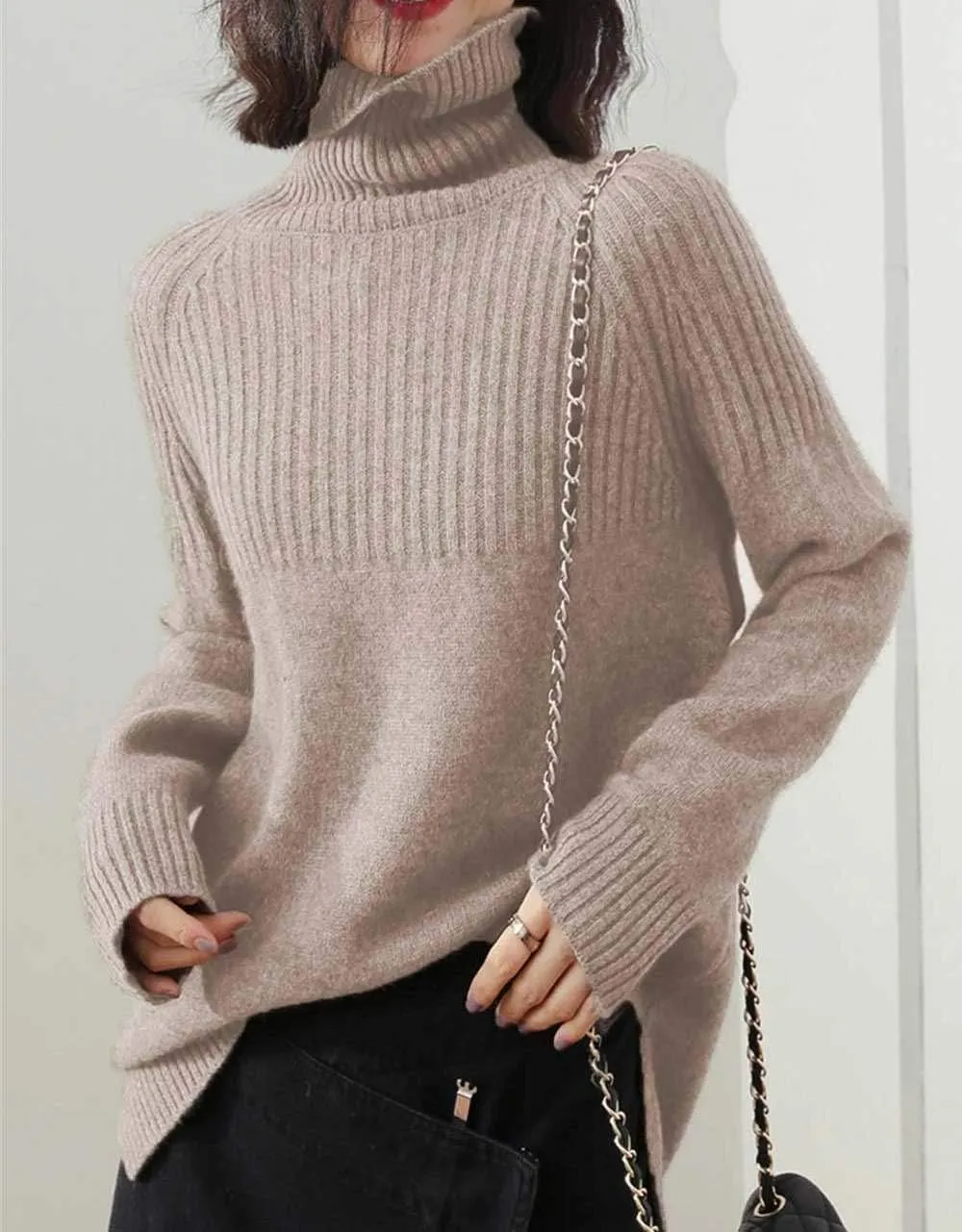 Sweaters Womens Loose Jumpers Merino Wool Knit Split Thick Turtleneck Pullover Long Sleeve Winter Tops