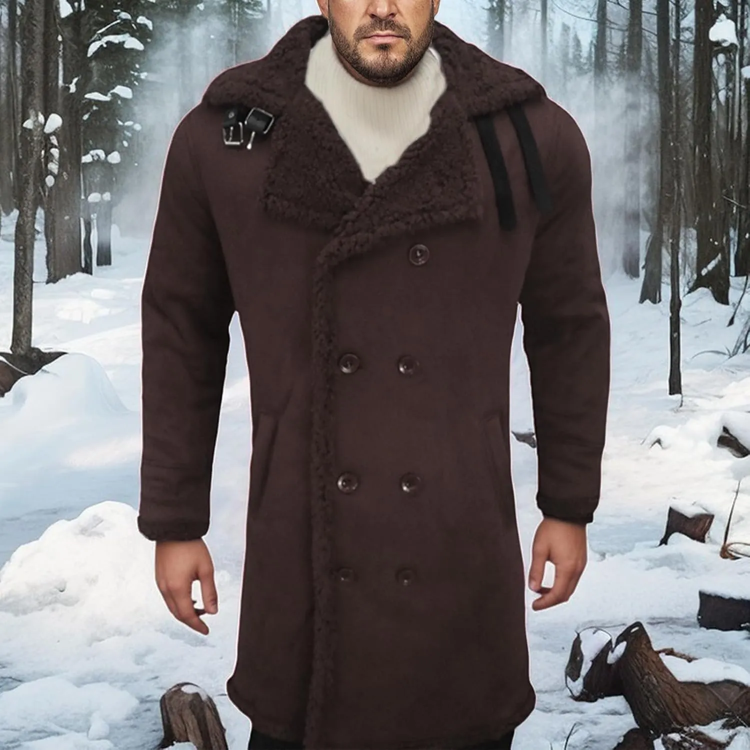 Thatrich Mens Faux Leather Fur Jacket Sherpa Lined Fleece Coat Faux Suede Winter Coat Casual Trench Coat Windbreaker Overcoat