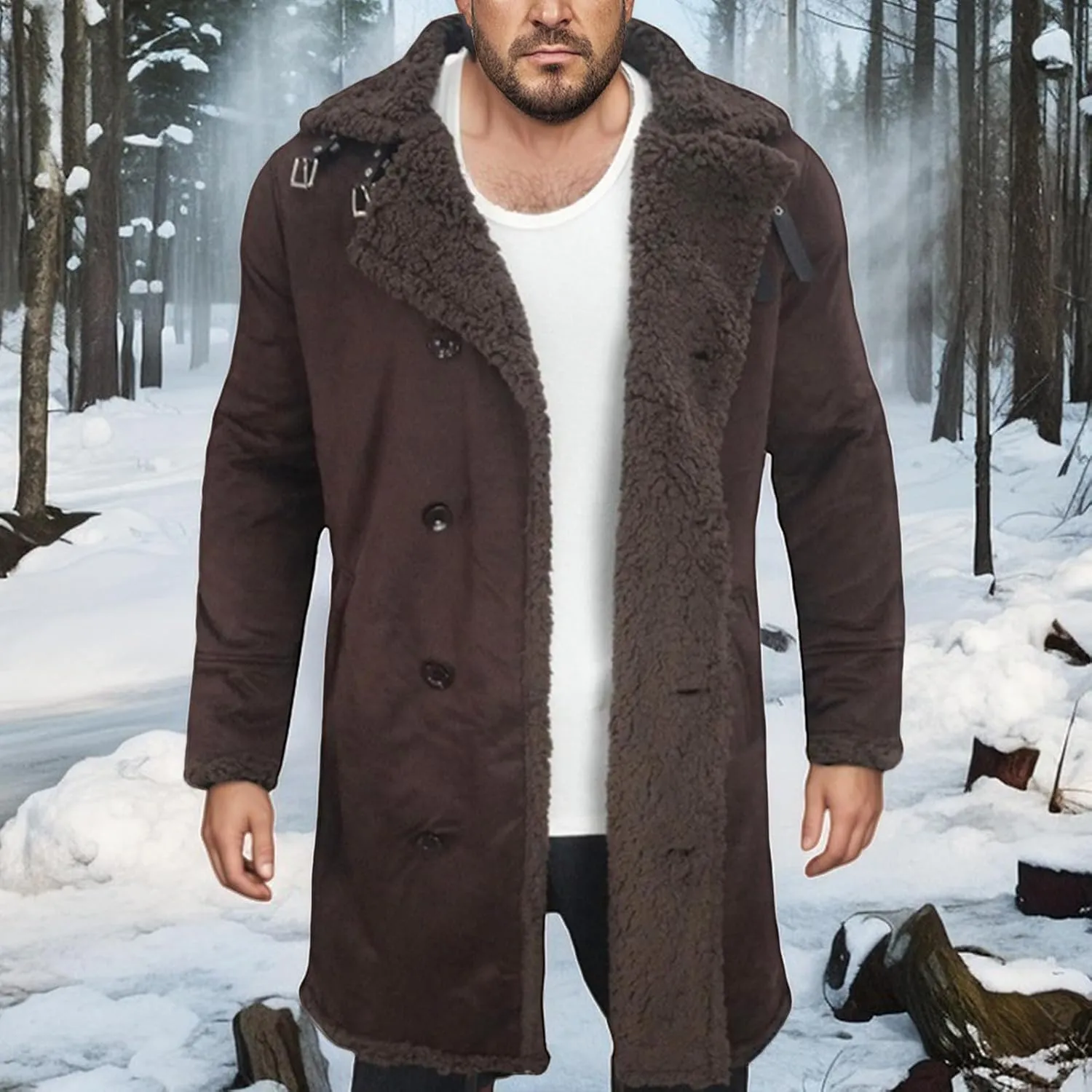 Thatrich Mens Faux Leather Fur Jacket Sherpa Lined Fleece Coat Faux Suede Winter Coat Casual Trench Coat Windbreaker Overcoat