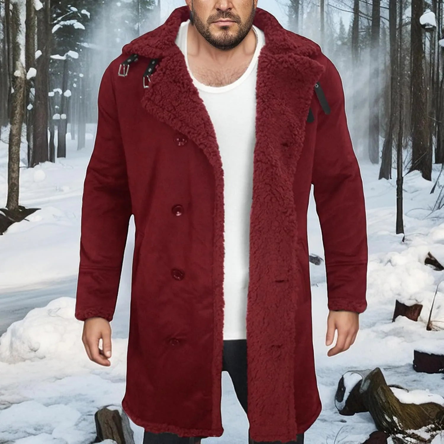 Thatrich Mens Faux Leather Fur Jacket Sherpa Lined Fleece Coat Faux Suede Winter Coat Casual Trench Coat Windbreaker Overcoat