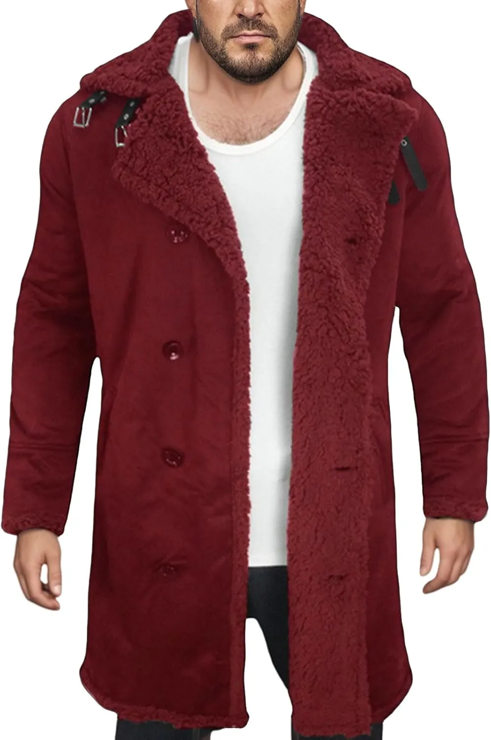 Thatrich Mens Faux Leather Fur Jacket Sherpa Lined Fleece Coat Faux Suede Winter Coat Casual Trench Coat Windbreaker Overcoat