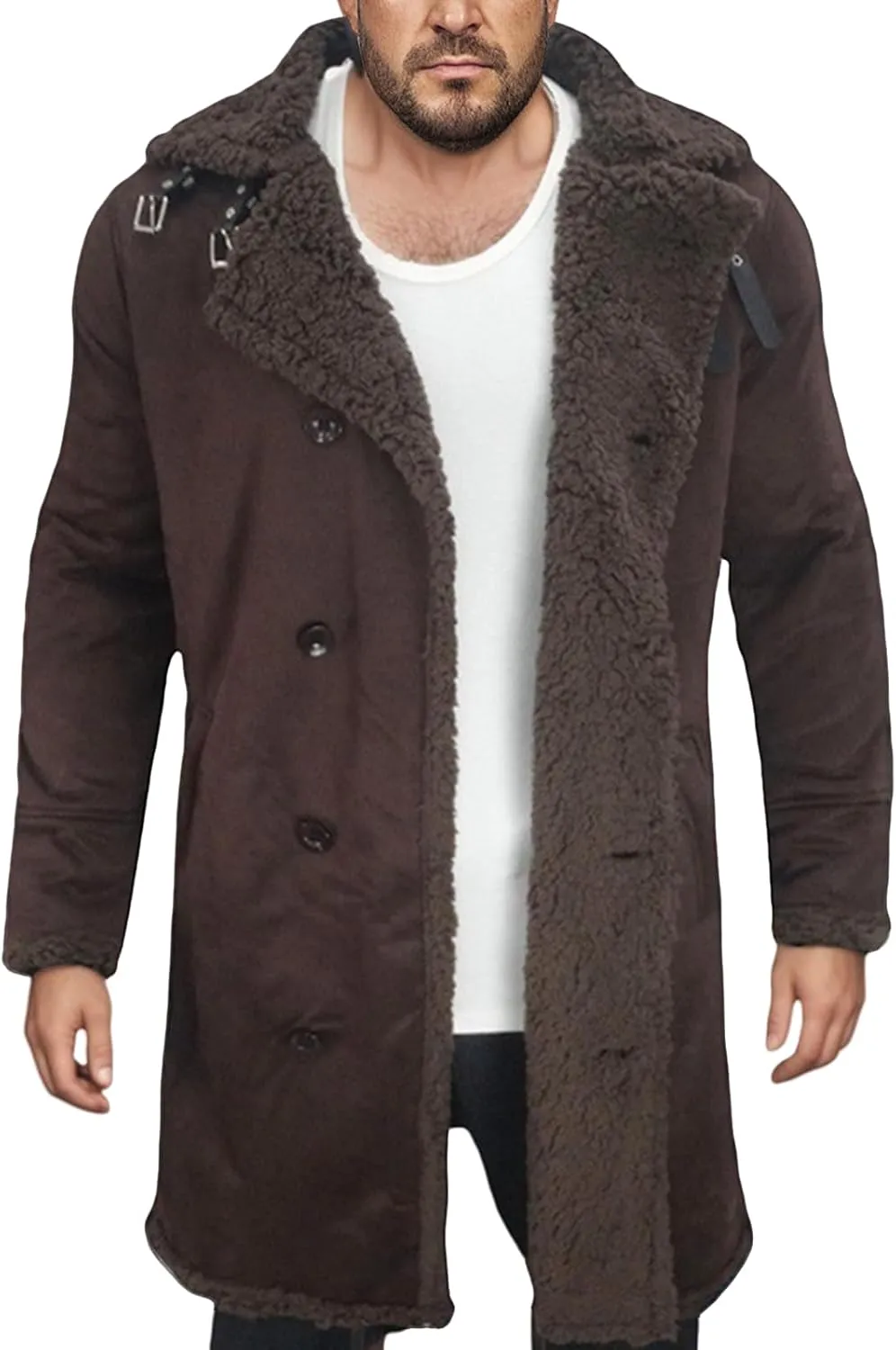 Thatrich Mens Faux Leather Fur Jacket Sherpa Lined Fleece Coat Faux Suede Winter Coat Casual Trench Coat Windbreaker Overcoat