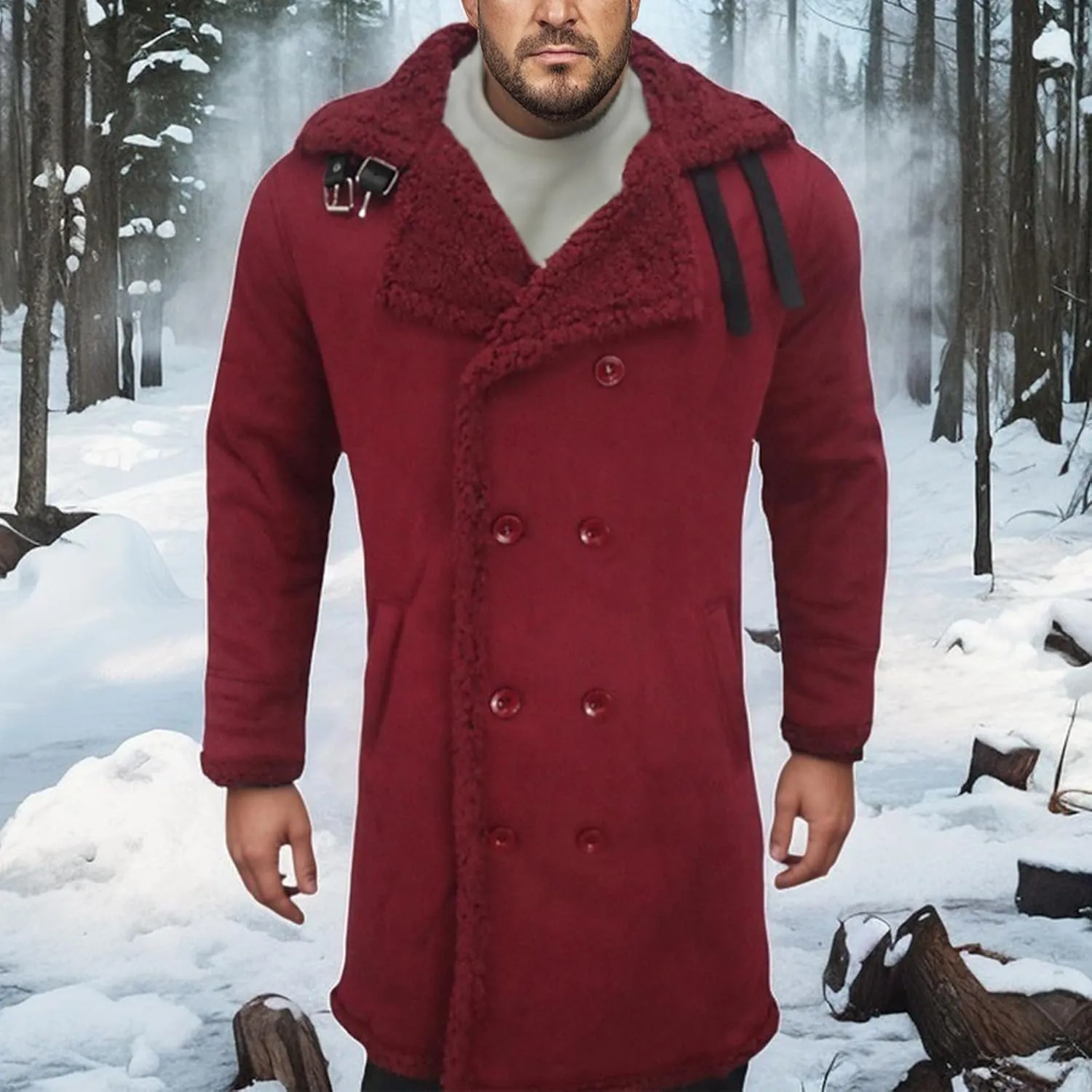 Thatrich Mens Faux Leather Fur Jacket Sherpa Lined Fleece Coat Faux Suede Winter Coat Casual Trench Coat Windbreaker Overcoat