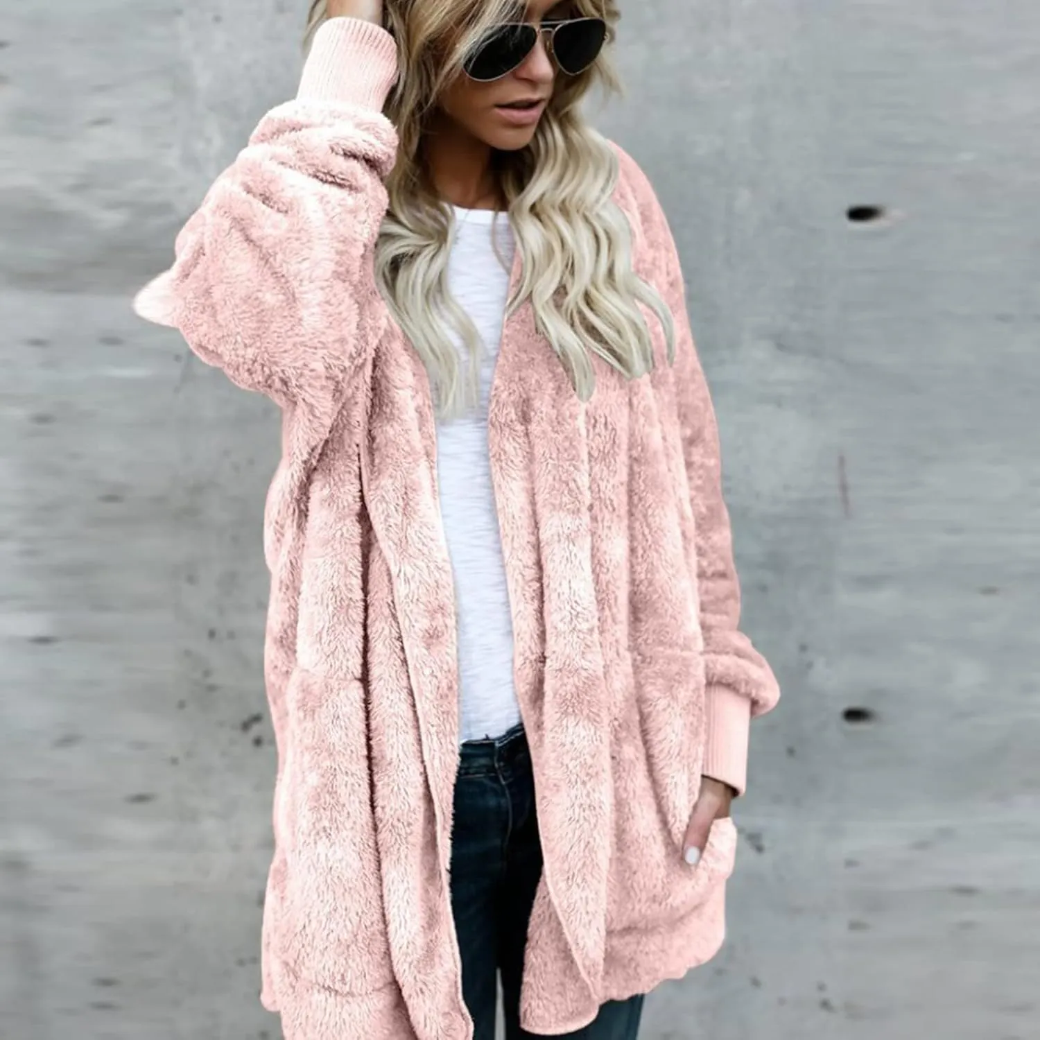Winter Coats for Women Fuzzy Jacket Long Sleeve Sherpa Coat Open Front Hooded Cardigan Teddy Bear Coats with Pocket