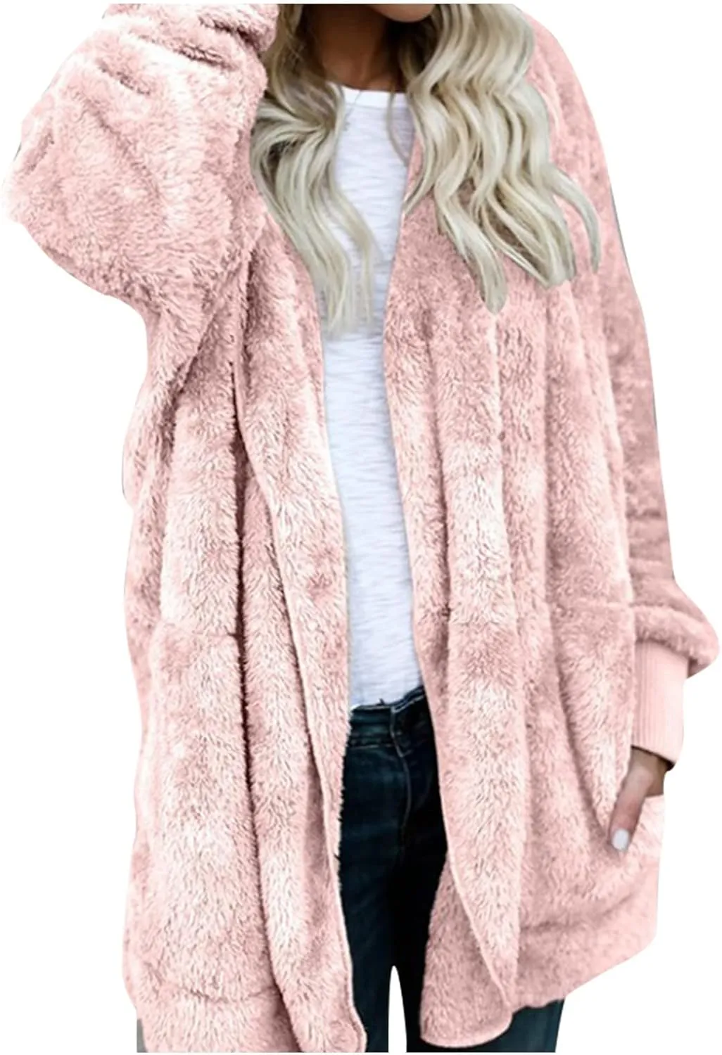 Winter Coats for Women Fuzzy Jacket Long Sleeve Sherpa Coat Open Front Hooded Cardigan Teddy Bear Coats with Pocket