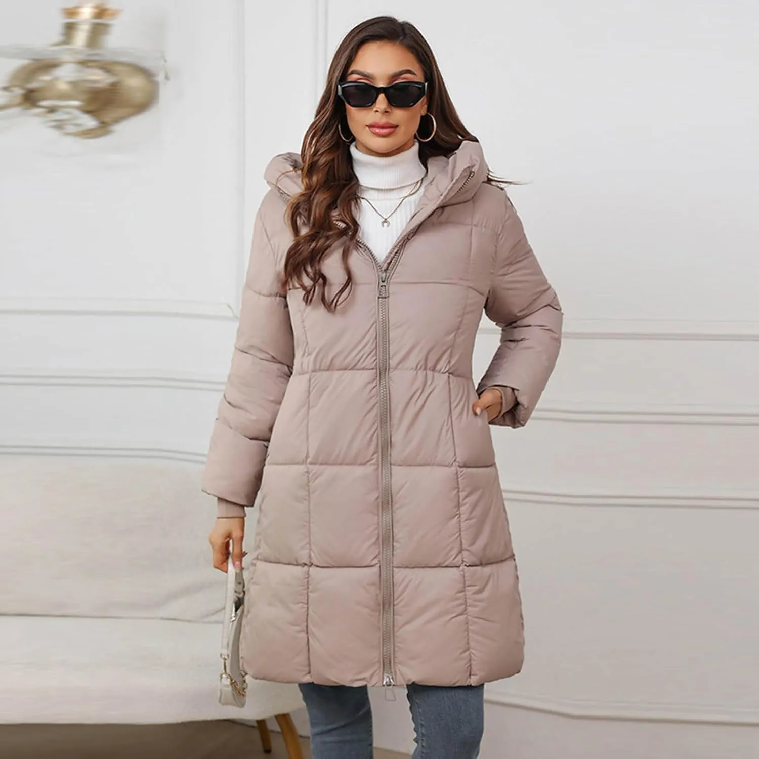 wodceeke Women's Long Hooded Down Coats Waterproof Puffer Jacket Winter Warm Cotton Padded Windbreaker Overcoat