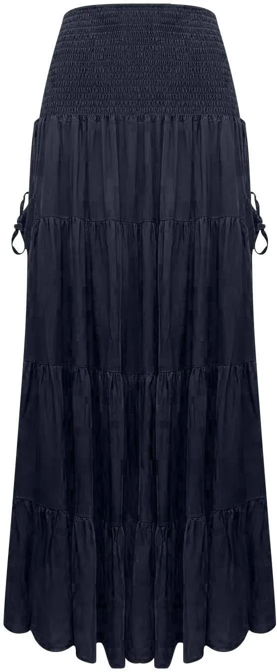 Women Boho Maxi Skirts Western A Line Elastic High Waist Pleated Ruffle Flowy Long Beach Skirts with Pockets