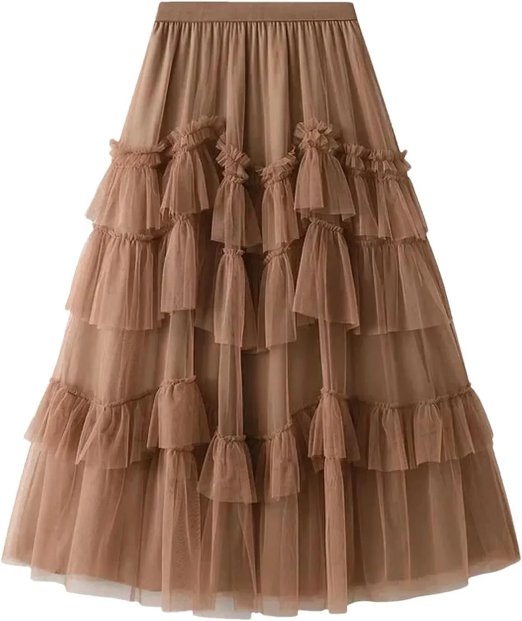 Women Cake Skirts Elegant Ruffles Tiered A Line Tulle Long Skirts Female Casual Elastic Waist Mesh Party Skirt
