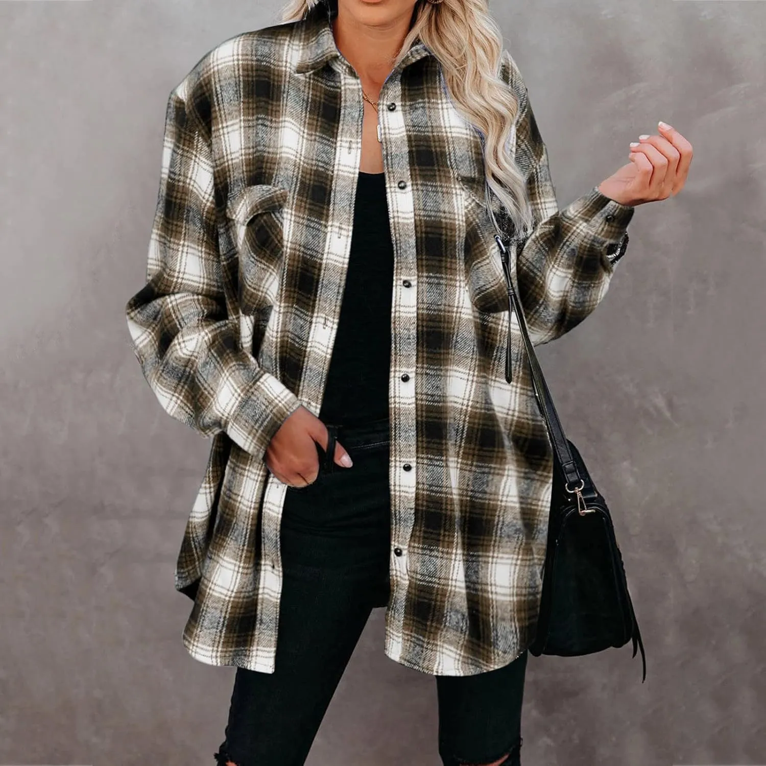 Women Casual Flannel Plaid Shirt Warm Button Long Sleeve Shacket Oversize Loose Boyfriend Jacket Coat with Pockets
