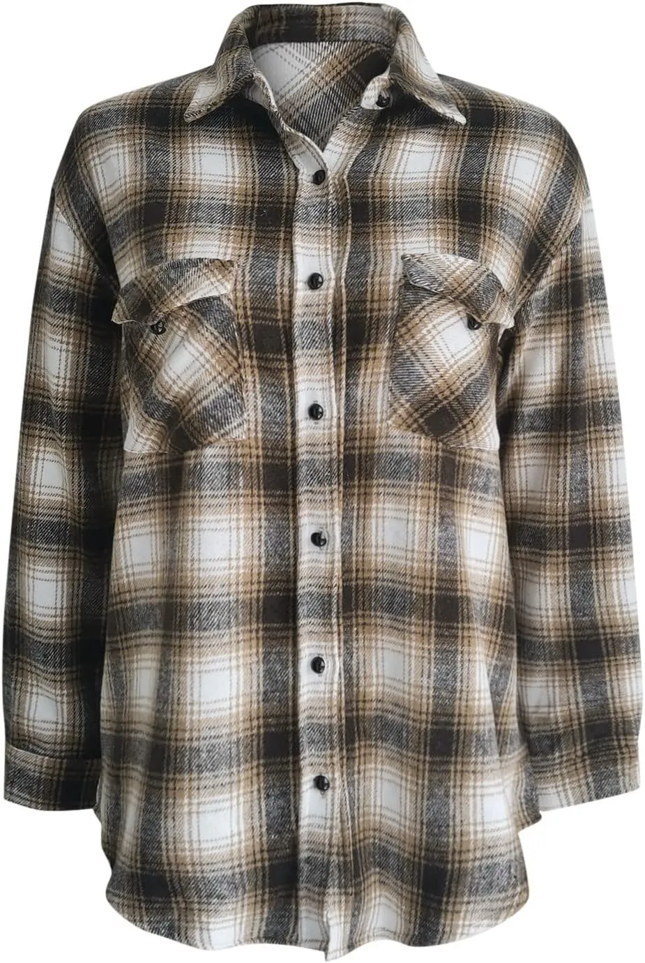 Women Casual Flannel Plaid Shirt Warm Button Long Sleeve Shacket Oversize Loose Boyfriend Jacket Coat with Pockets