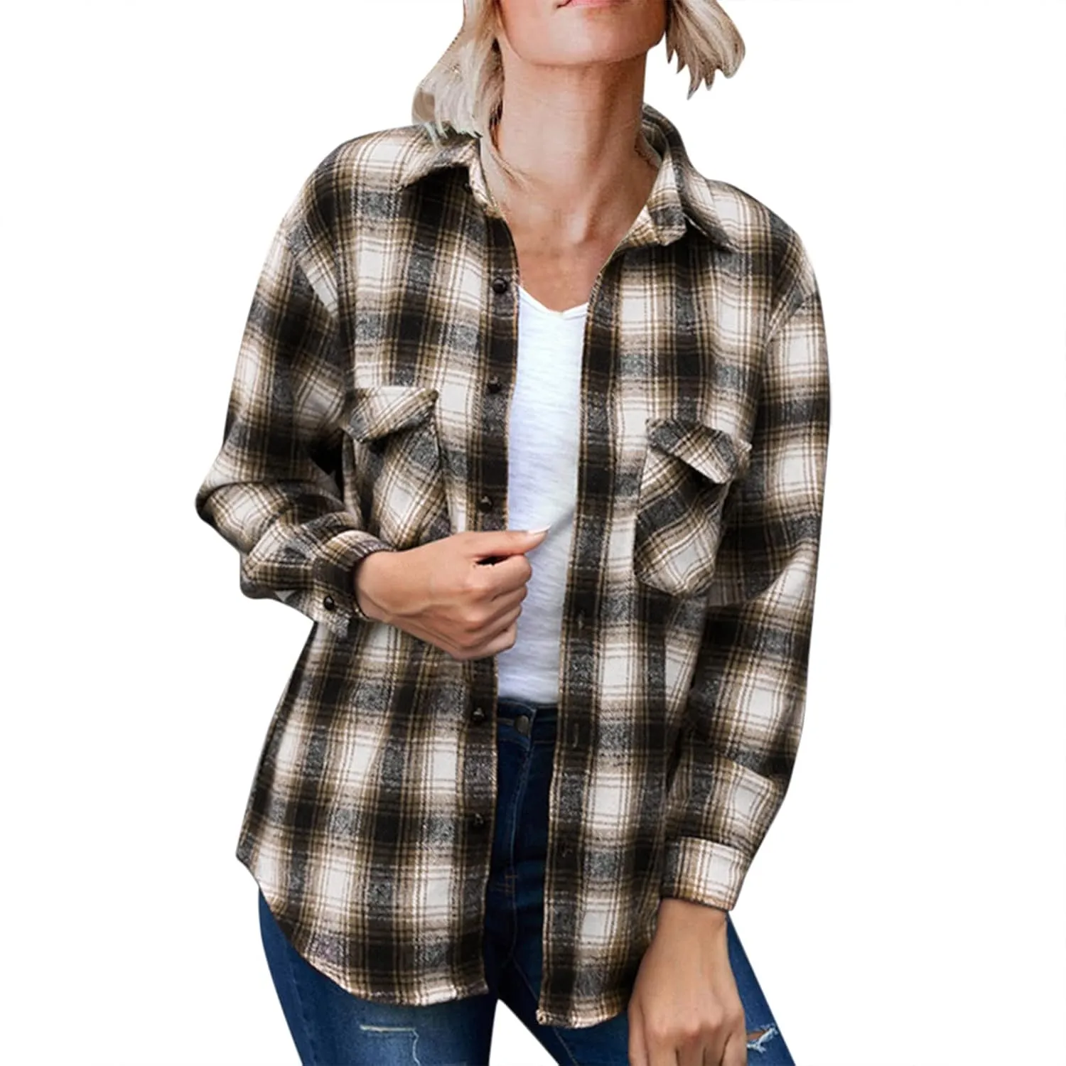 Women Casual Flannel Plaid Shirt Warm Button Long Sleeve Shacket Oversize Loose Boyfriend Jacket Coat with Pockets
