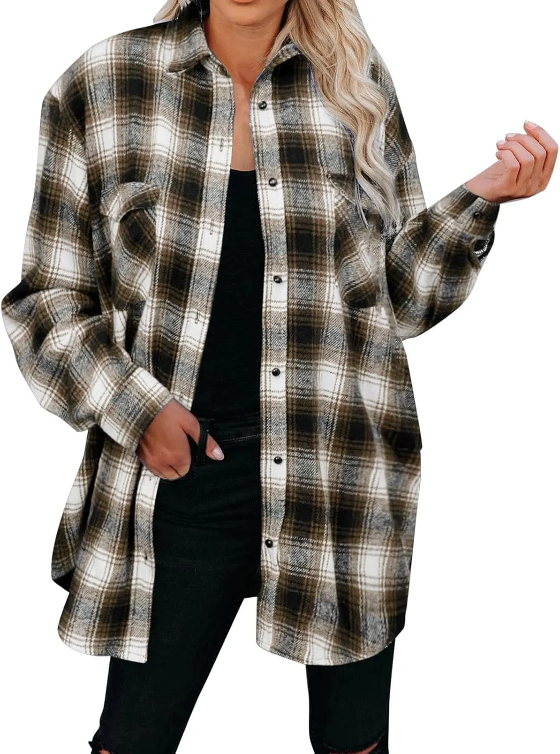 Women Casual Flannel Plaid Shirt Warm Button Long Sleeve Shacket Oversize Loose Boyfriend Jacket Coat with Pockets