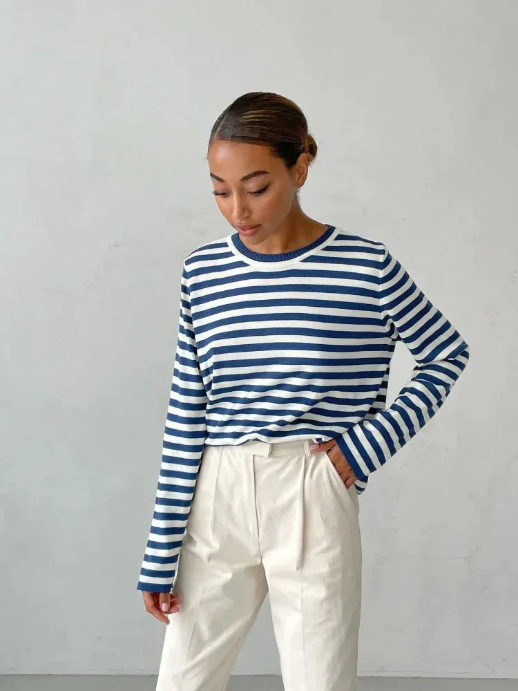 Women Striped Print Versatile Loose Fashion O-neck Long Sleeve Sweater