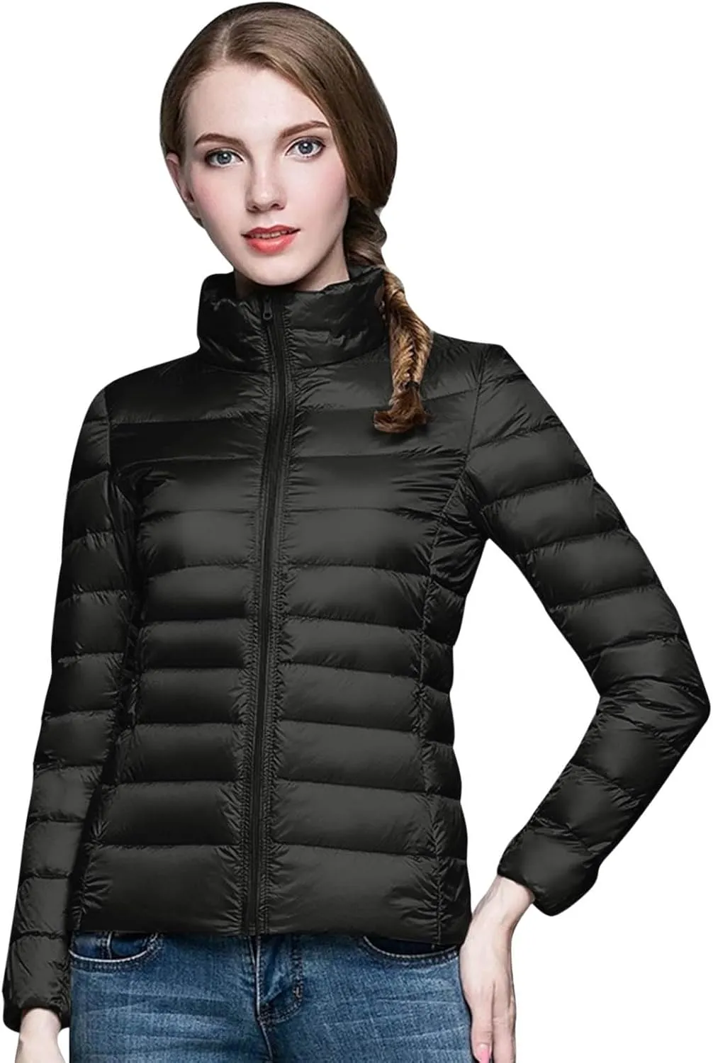 Womens 2024 Winter Down Coats Lightweight Petite Hoodless Zip Up Puffer Jackets Casual Warm Long Sleeve Sport Outwear