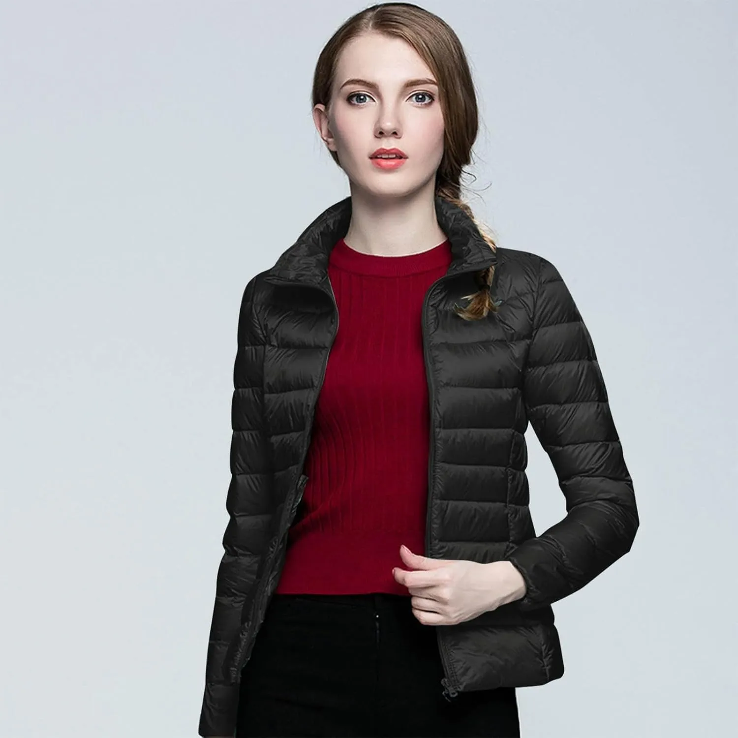 Womens 2024 Winter Down Coats Lightweight Petite Hoodless Zip Up Puffer Jackets Casual Warm Long Sleeve Sport Outwear