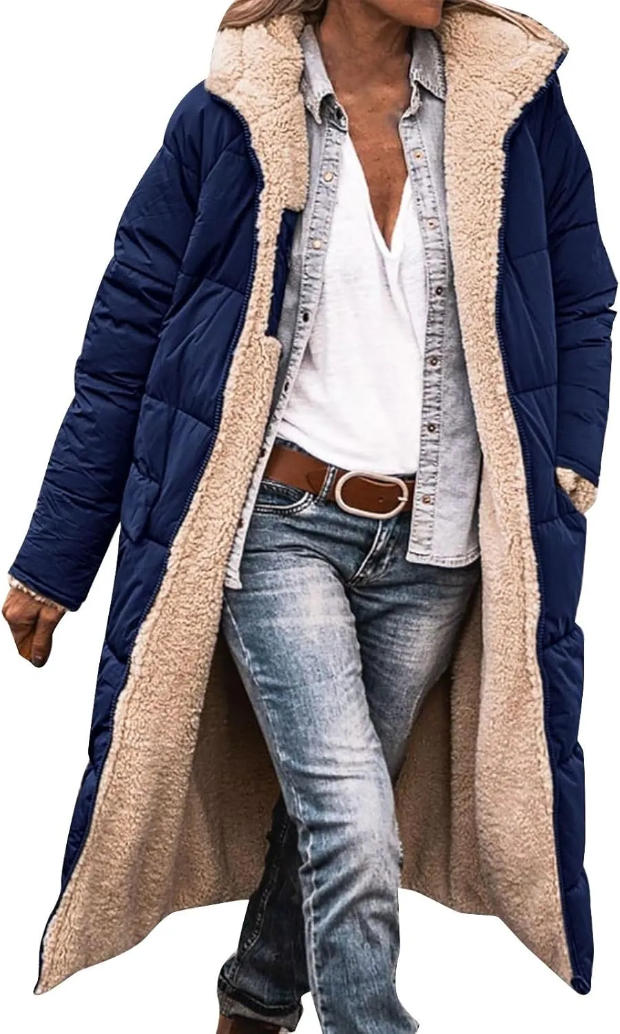 Women's 2024 Winter Fashion Shearling Fleece Long Coats Jackets Clothes Sherpa Padded Down Jackets Full Zip