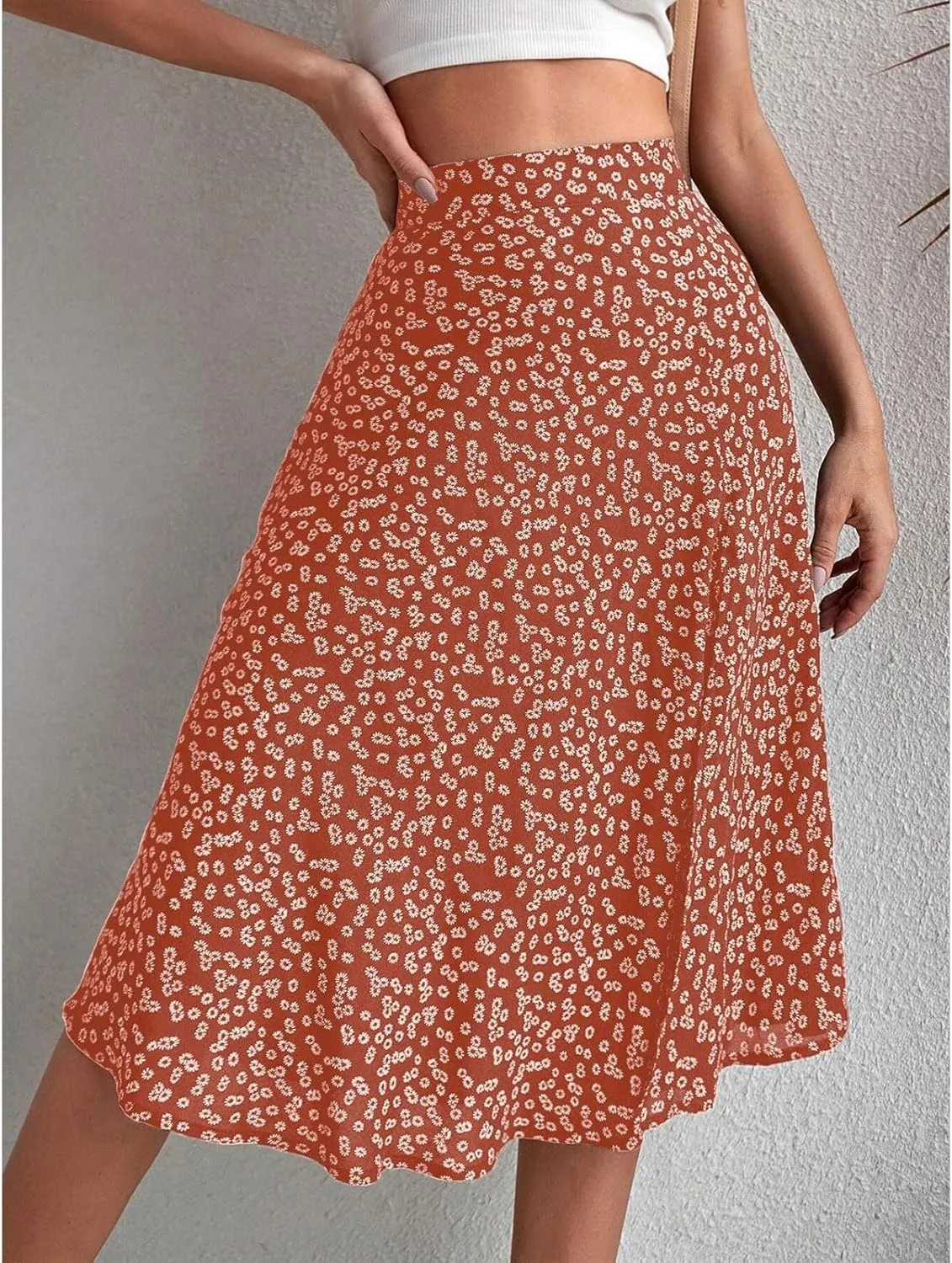 Womens Floral Midi Skirts Summer Print Elastic High Waisted Split Hem Skorts Fashion Flowy Tunic A Line Skirts 2025