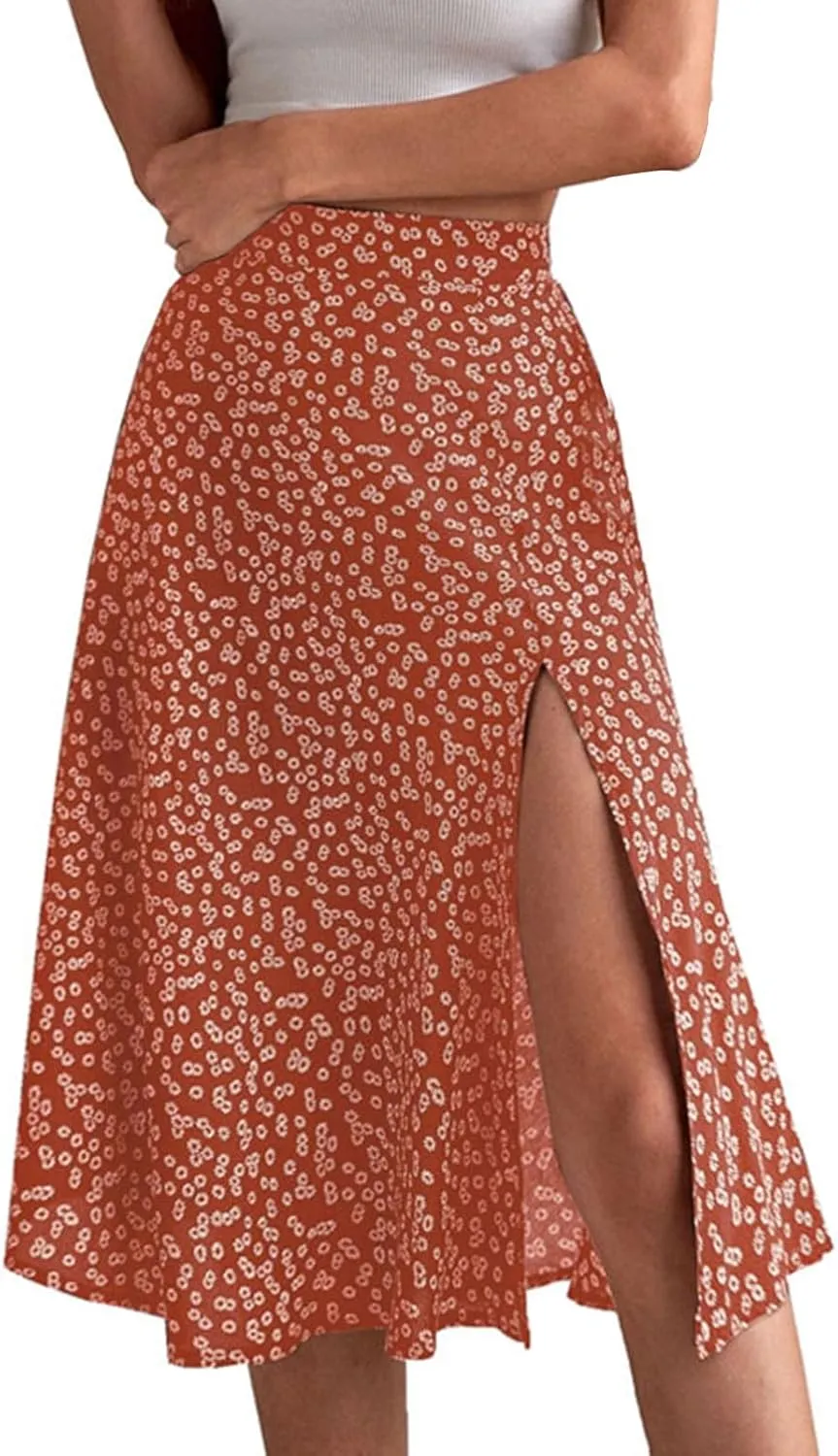Womens Floral Midi Skirts Summer Print Elastic High Waisted Split Hem Skorts Fashion Flowy Tunic A Line Skirts 2025