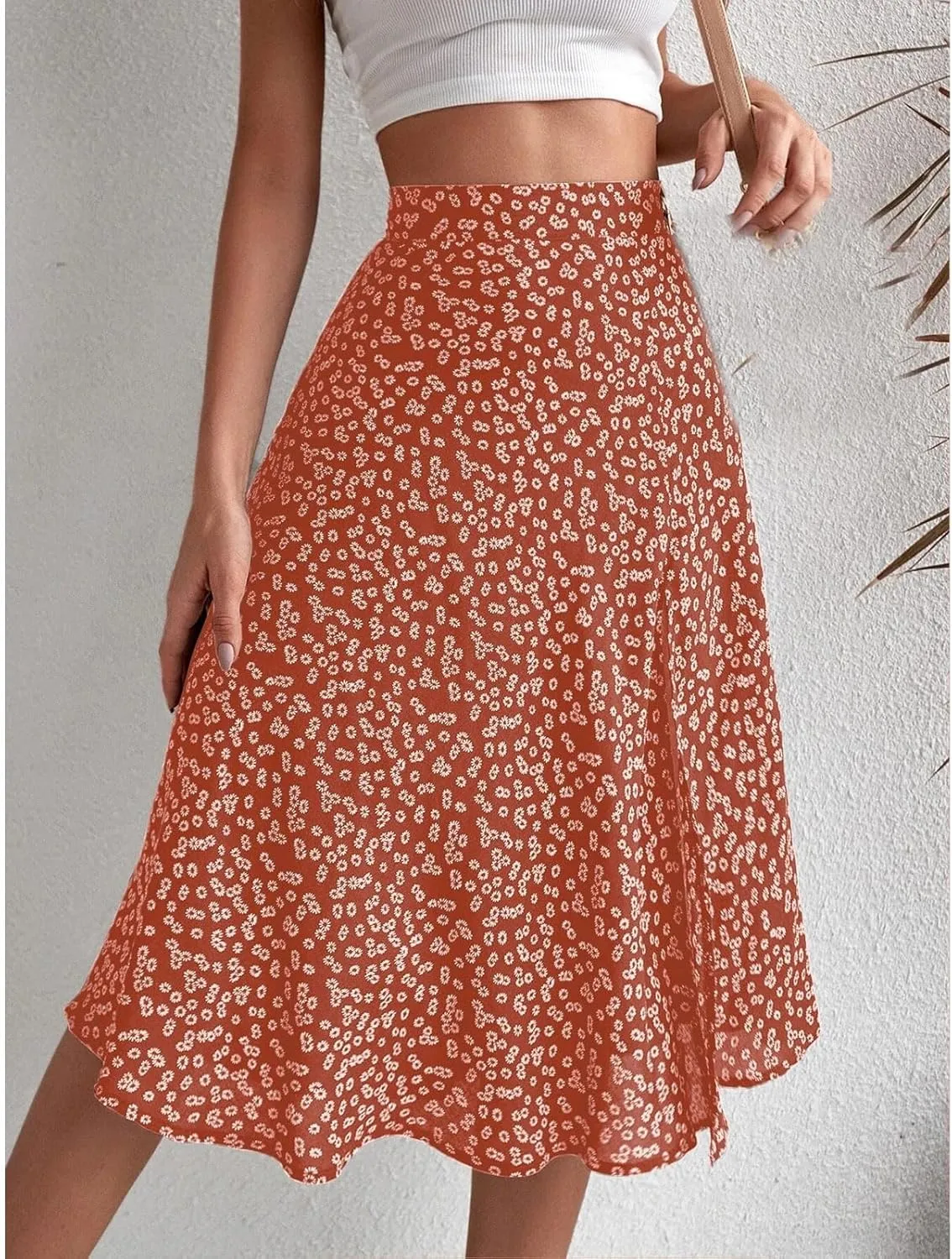Womens Floral Midi Skirts Summer Print Elastic High Waisted Split Hem Skorts Fashion Flowy Tunic A Line Skirts 2025