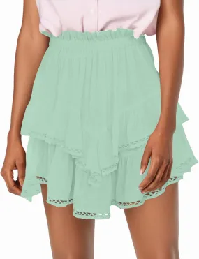 Women's High Waist Mini Skirt Solid Color Ruffle Layered Pleated Flowy Skirts Beach Vacation Skort