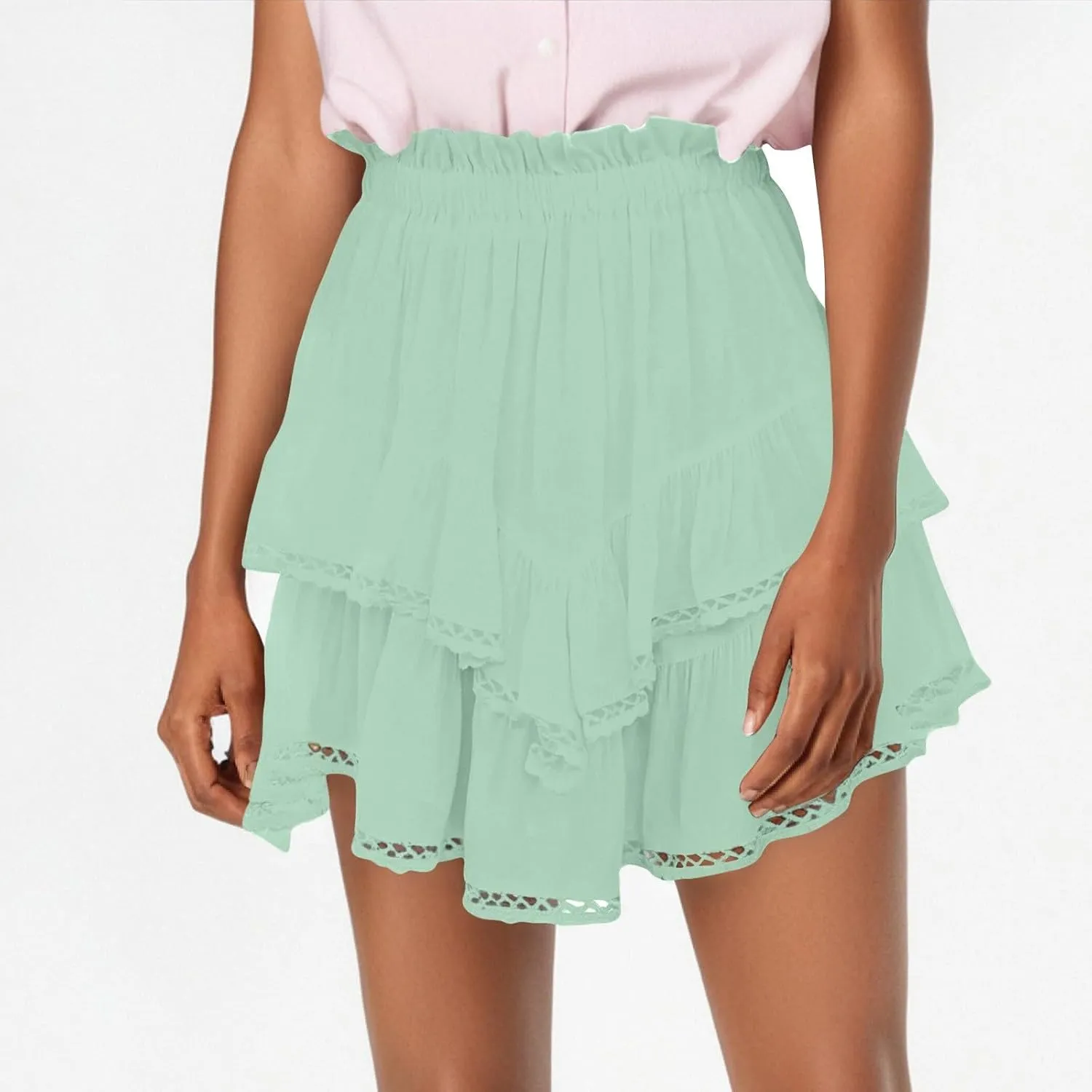 Women's High Waist Mini Skirt Solid Color Ruffle Layered Pleated Flowy Skirts Beach Vacation Skort
