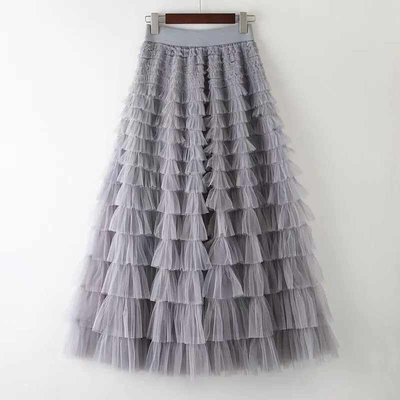 Womens high Waist Tiered mesh Skirt Aline Ruffle Tulle Skirts Layered Tutu Skirts for Women Princess Party Maxi Skirt