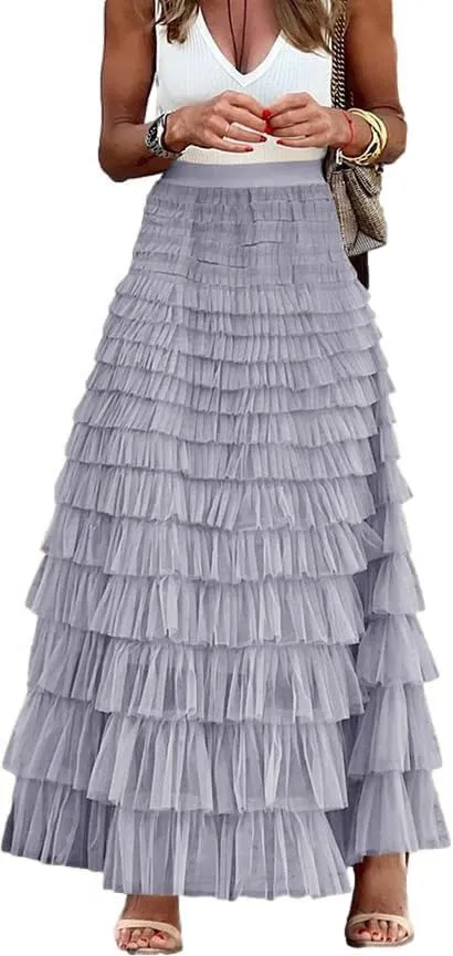 Womens high Waist Tiered mesh Skirt Aline Ruffle Tulle Skirts Layered Tutu Skirts for Women Princess Party Maxi Skirt