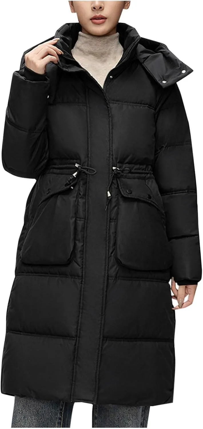 Women's Long Puffer Jackets Winter Hooded Down Coats Cotton Padded Warm Waterproof Overcoat with Pockets