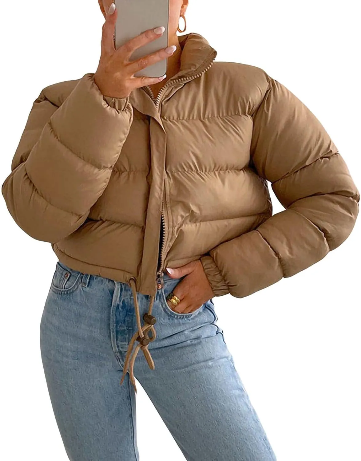 Women's Long Sleeve Oversized Stand Collar Zip-Up Short Down Coat Winter Cropped Puffer Jacket