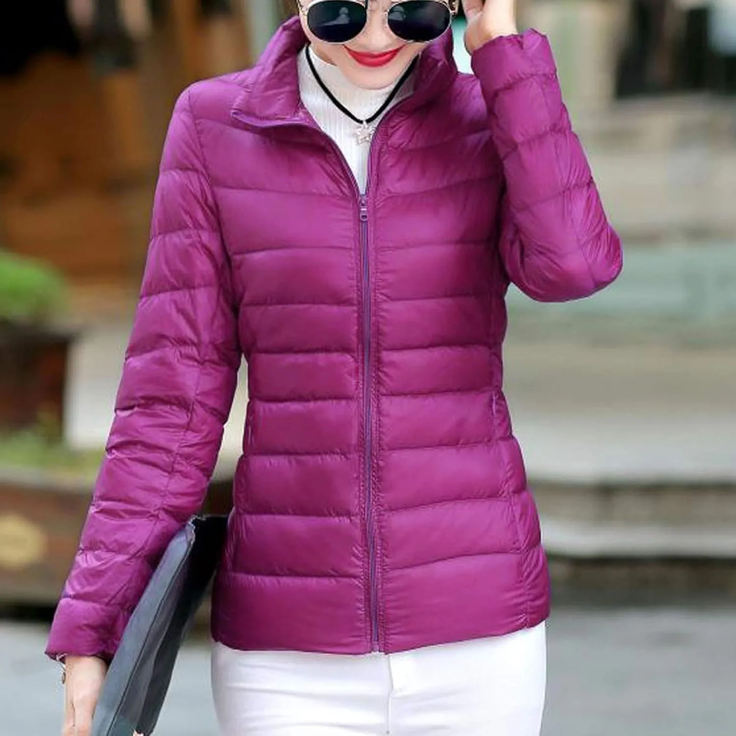 Women's Quilted Lightweight Jackets Long Sleeve Zip Stand Collar Puffer Jackets Fashion Windproof Padded Down Coats