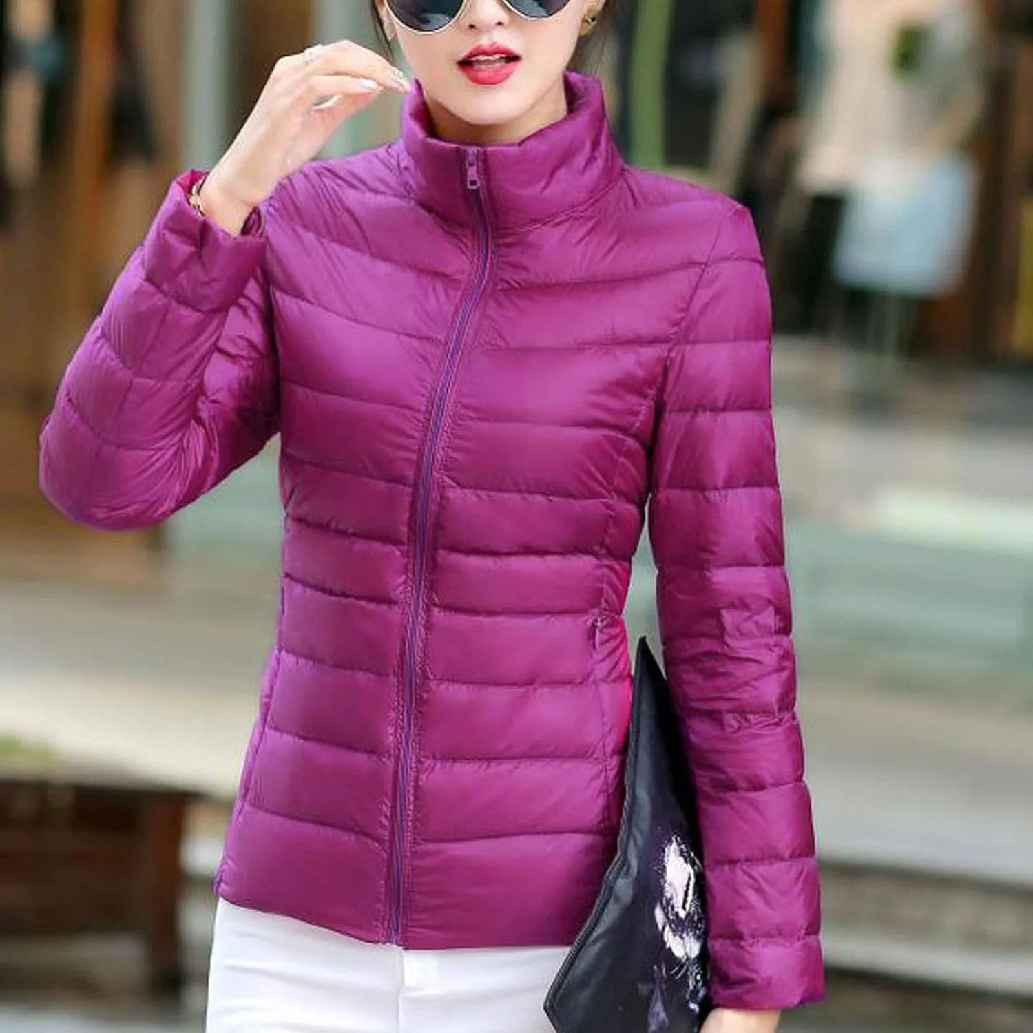 Women's Quilted Lightweight Jackets Long Sleeve Zip Stand Collar Puffer Jackets Fashion Windproof Padded Down Coats