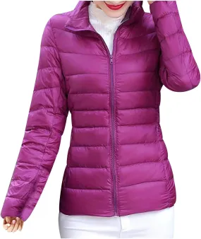Women's Quilted Lightweight Jackets Long Sleeve Zip Stand Collar Puffer Jackets Fashion Windproof Padded Down Coats
