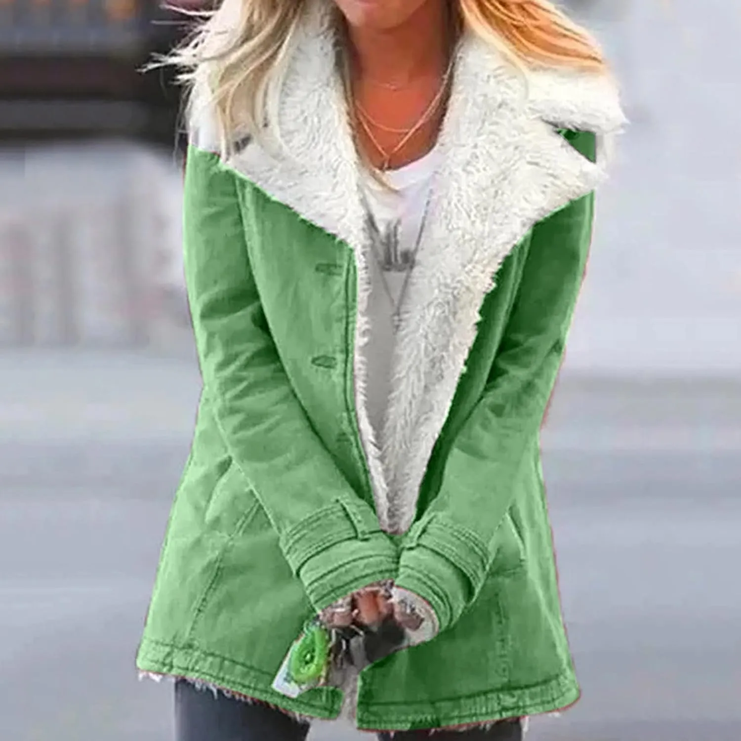 Womens Sherpa Lined Denim Jacket Lapel Collar Coat Plus Size Long Sleeve Button Down Outerwear Warm Winter Coats