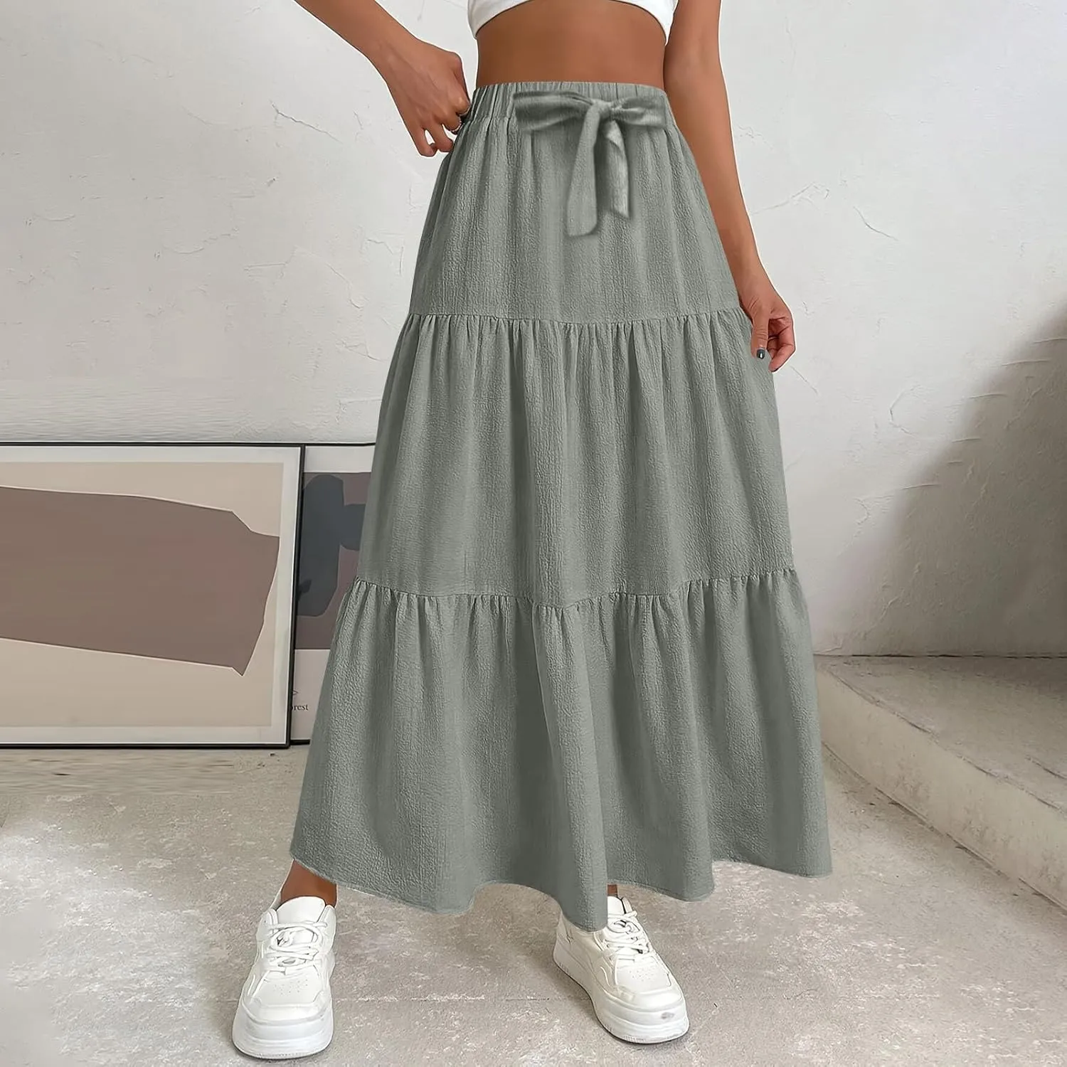 Womens Summer Boho Skirts Fashion Elastic High Waisted Drawstring Ruffle Hem Maxi Skirts Flowy Tiered A Line Skort