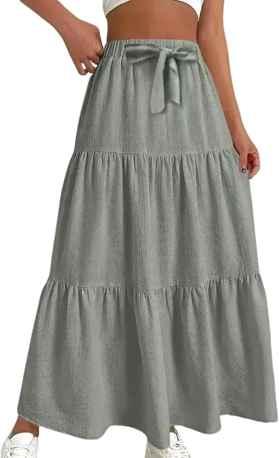 Womens Summer Boho Skirts Fashion Elastic High Waisted Drawstring Ruffle Hem Maxi Skirts Flowy Tiered A Line Skort