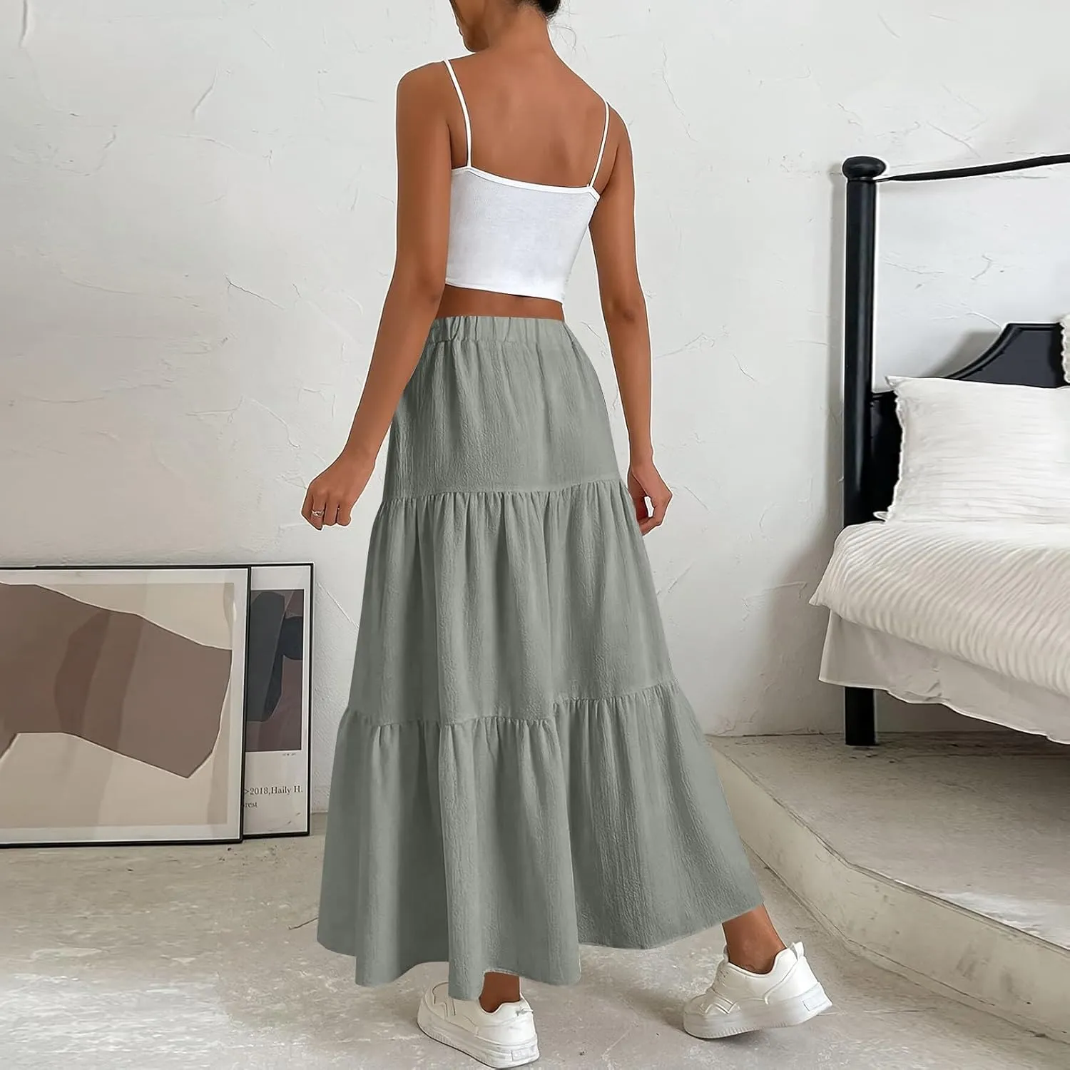 Womens Summer Boho Skirts Fashion Elastic High Waisted Drawstring Ruffle Hem Maxi Skirts Flowy Tiered A Line Skort