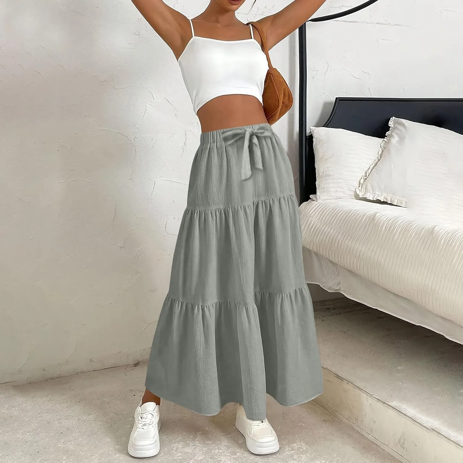Womens Summer Boho Skirts Fashion Elastic High Waisted Drawstring Ruffle Hem Maxi Skirts Flowy Tiered A Line Skort