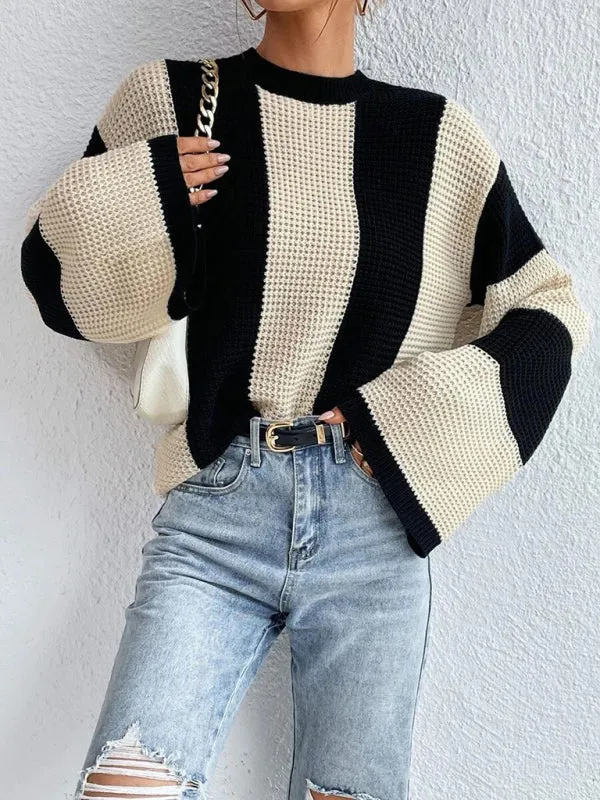 Women's tops round neck thick stitched wide striped sweater