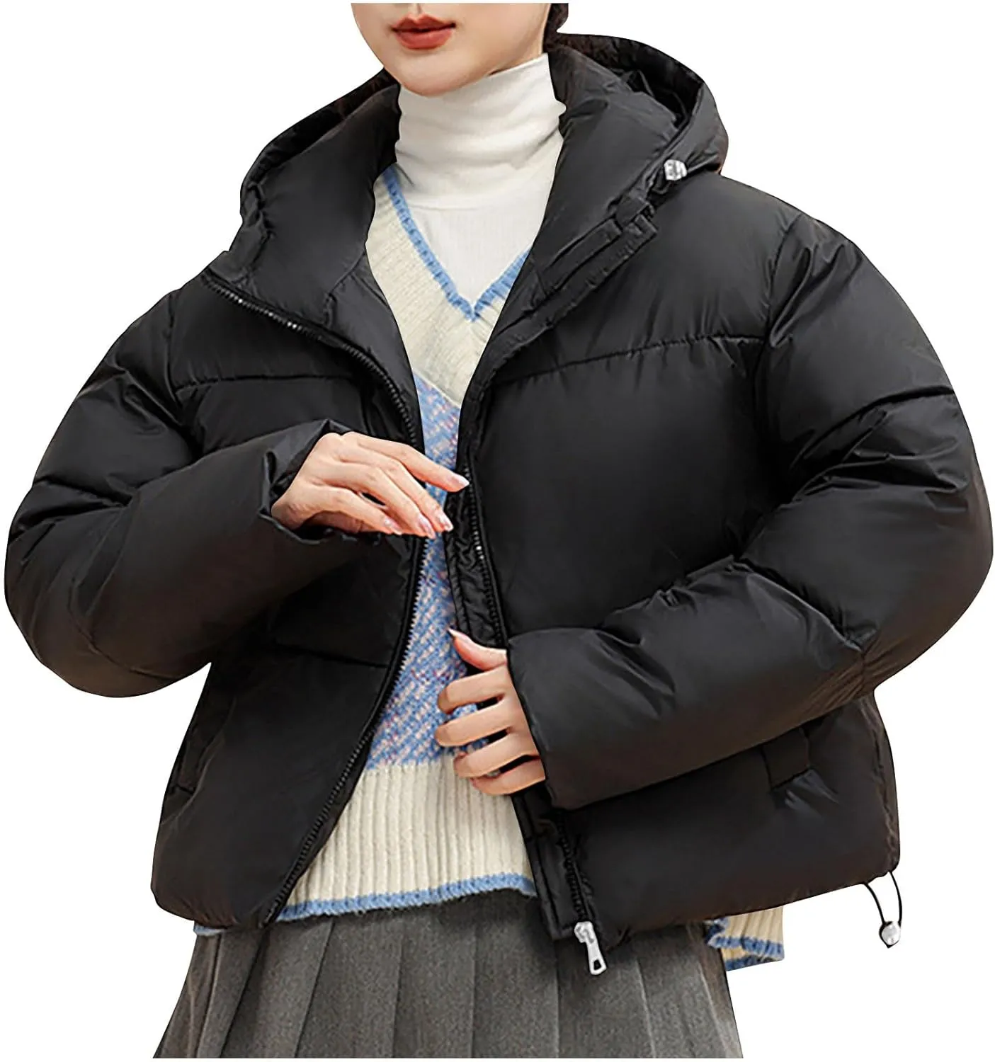 XUNRYAN Puffer Jackets Women Cropped Winter Warm Down Coat Hooded Quilted Lightweight Jacket Short Coat Warm Parka Overcoat