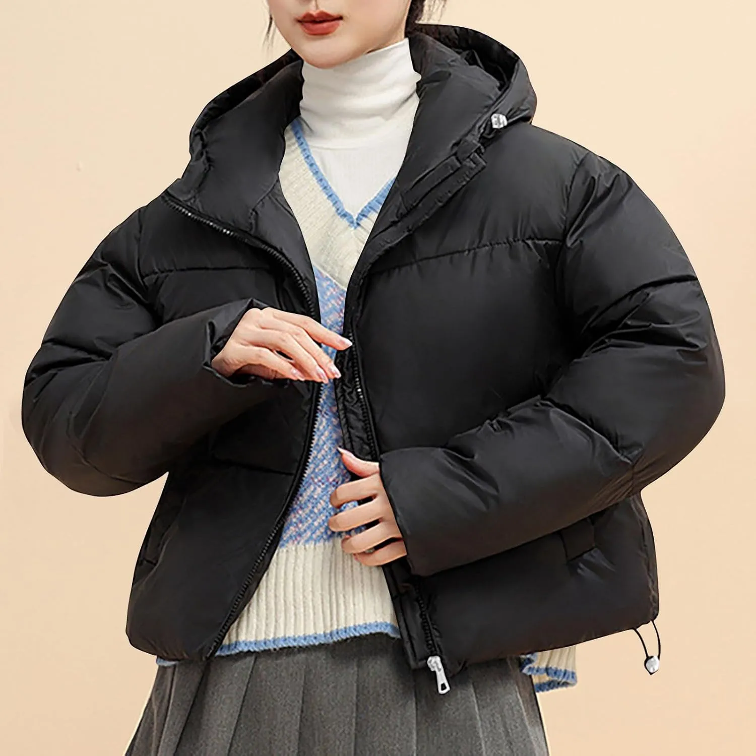 XUNRYAN Puffer Jackets Women Cropped Winter Warm Down Coat Hooded Quilted Lightweight Jacket Short Coat Warm Parka Overcoat